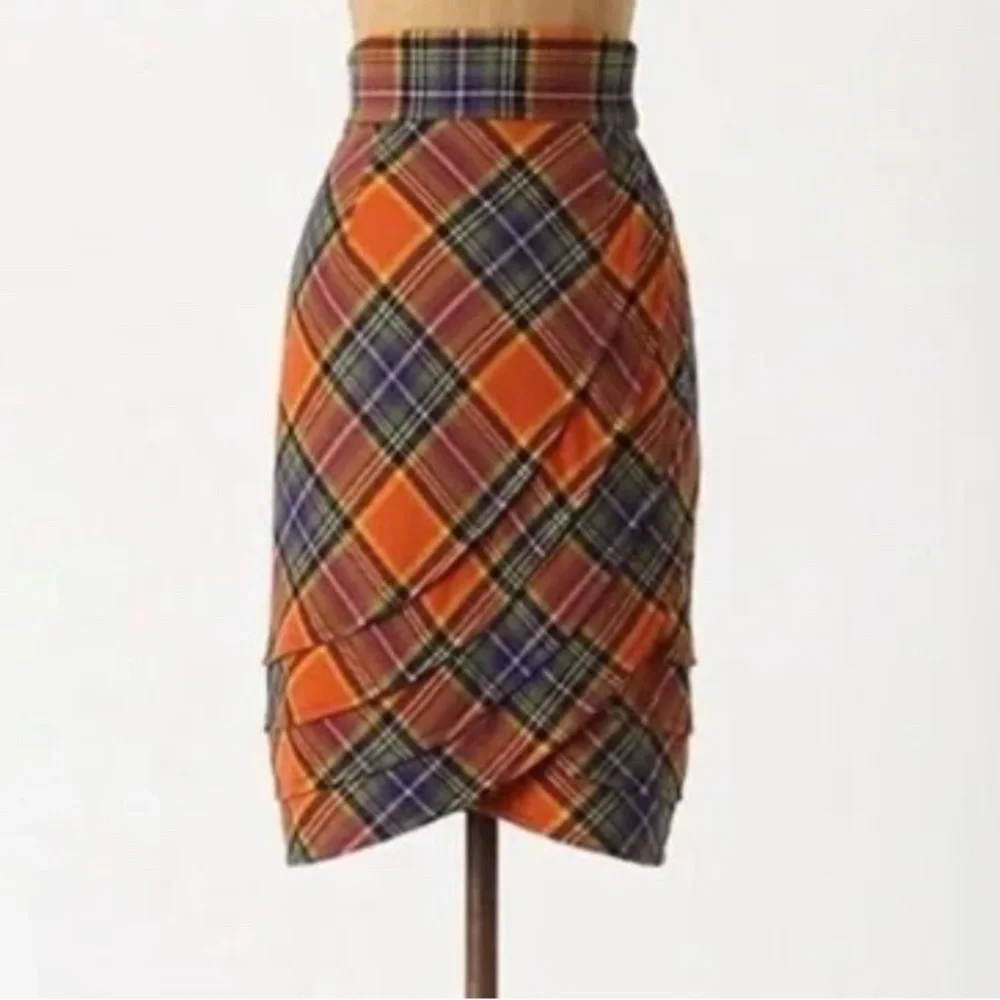 NWT Anthropologie Easy Keeper skirt Orange Plaid Pencil Skirt 8 - Picture 2 of 6